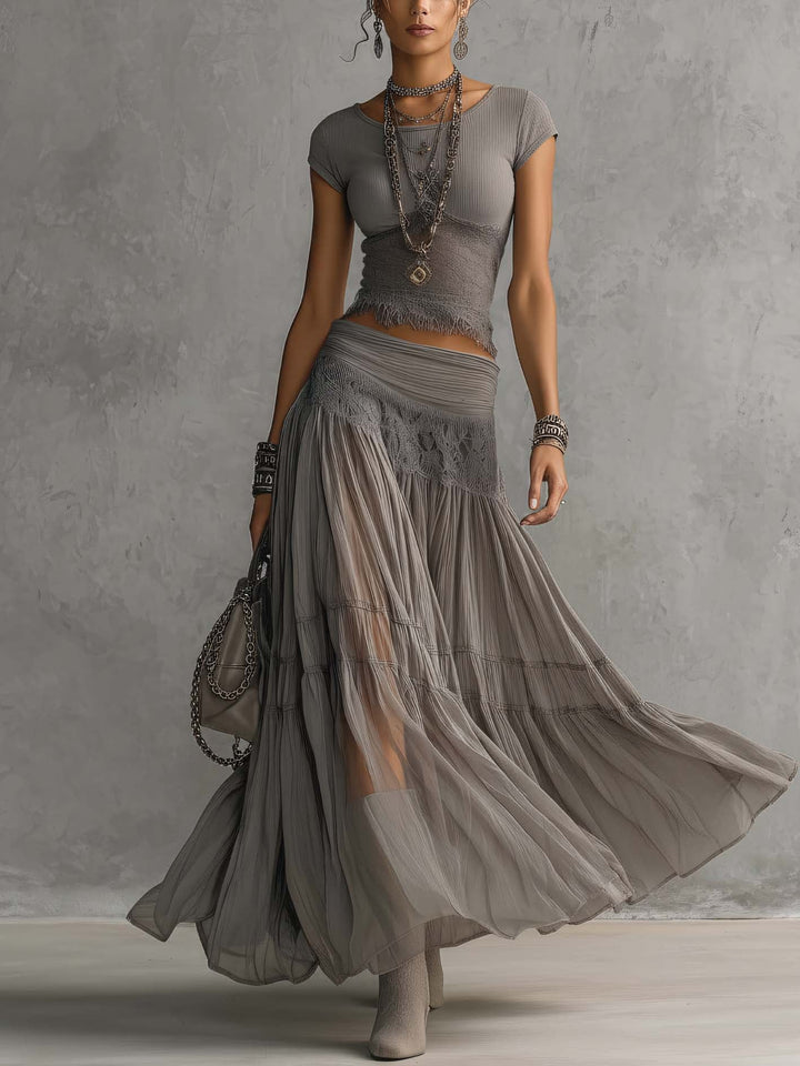Elena | Lace Paneled Top And Pleated Maxi Skirt Set