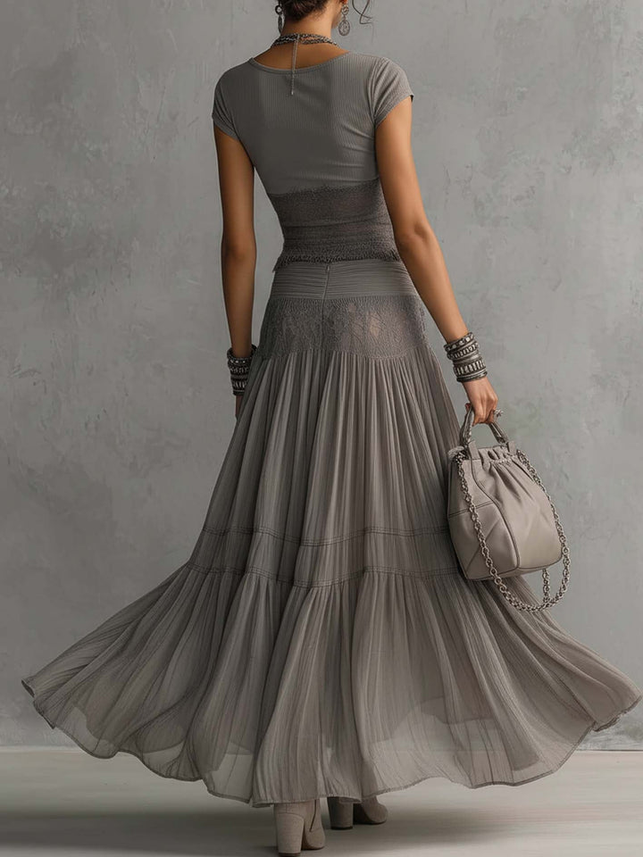 Elena | Lace Paneled Top And Pleated Maxi Skirt Set
