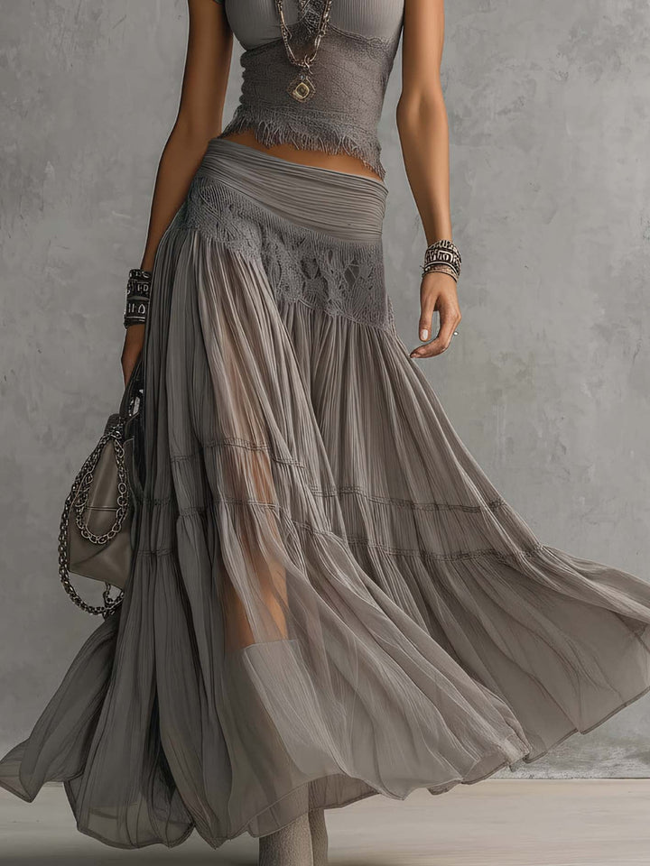 Elena | Lace Paneled Top And Pleated Maxi Skirt Set
