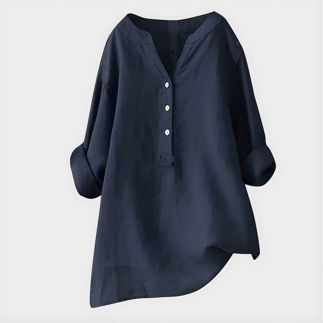 Veronique™ | Elegant Cotton-Linen V-Neck Blouse