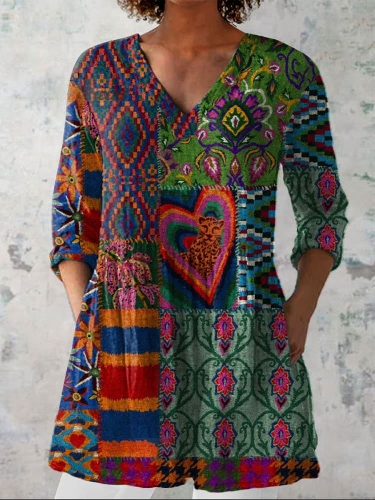 Women's Boho Flowers Art Print Casual Linen V-neck Shirt