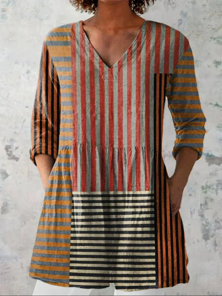 Strip Patchwork Pattern Printed Women's Casual Linen V-Neck Shirt