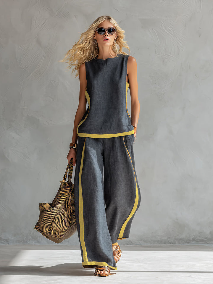Leila | Complete vest and trousers in two-tone grey cotton-linen