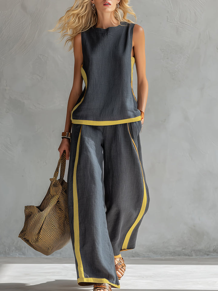 Leila | Complete vest and trousers in two-tone grey cotton-linen