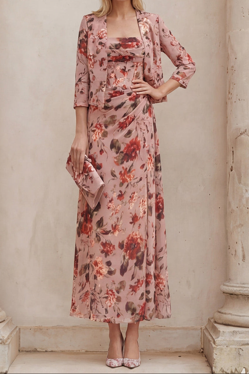 Diana | Elegant Ruched Floral Gown & Jacket