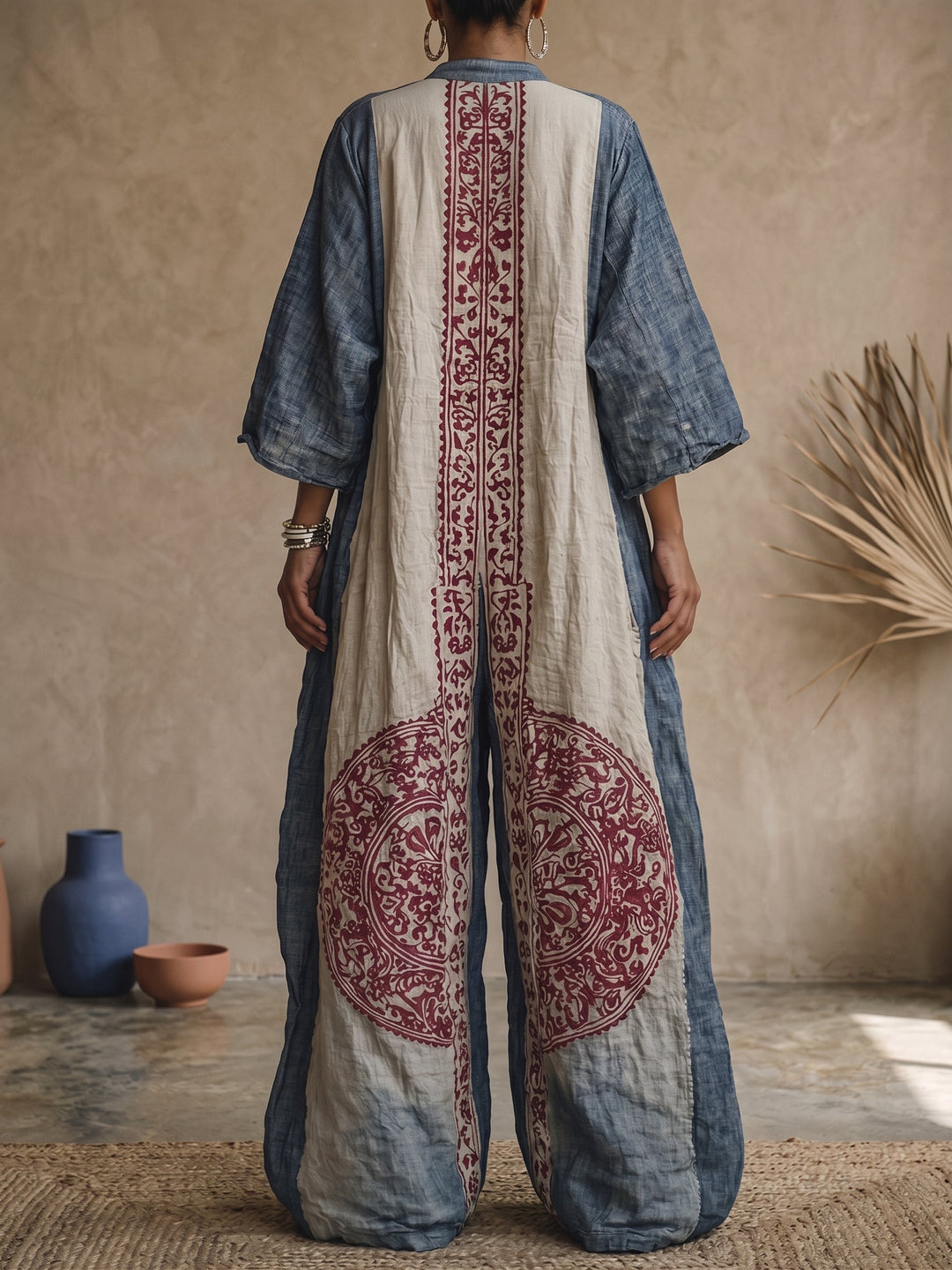 Millie | Women's Vintage Print V-neck 3/4-sleeve Cotton-linen Jumpsuit