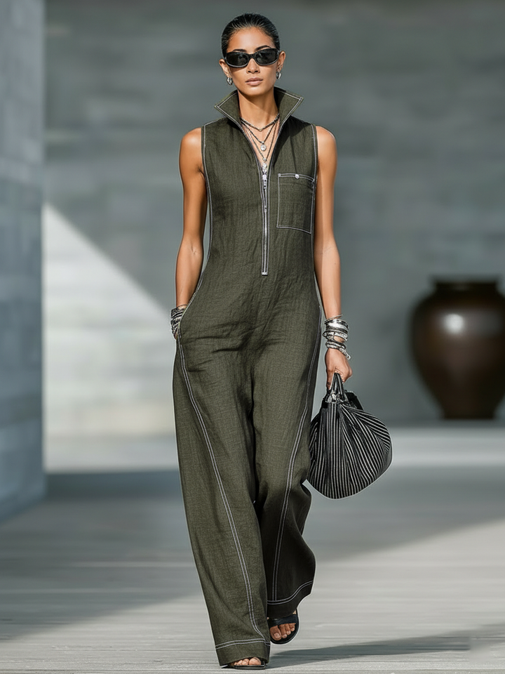 Brianha | Women's Minimalist Sleeveless Jumpsuit with White Trim