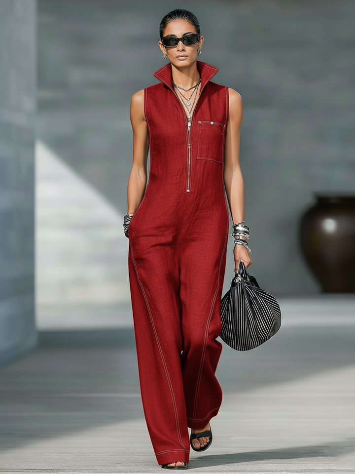Brianha | Women's Minimalist Sleeveless Jumpsuit with White Trim