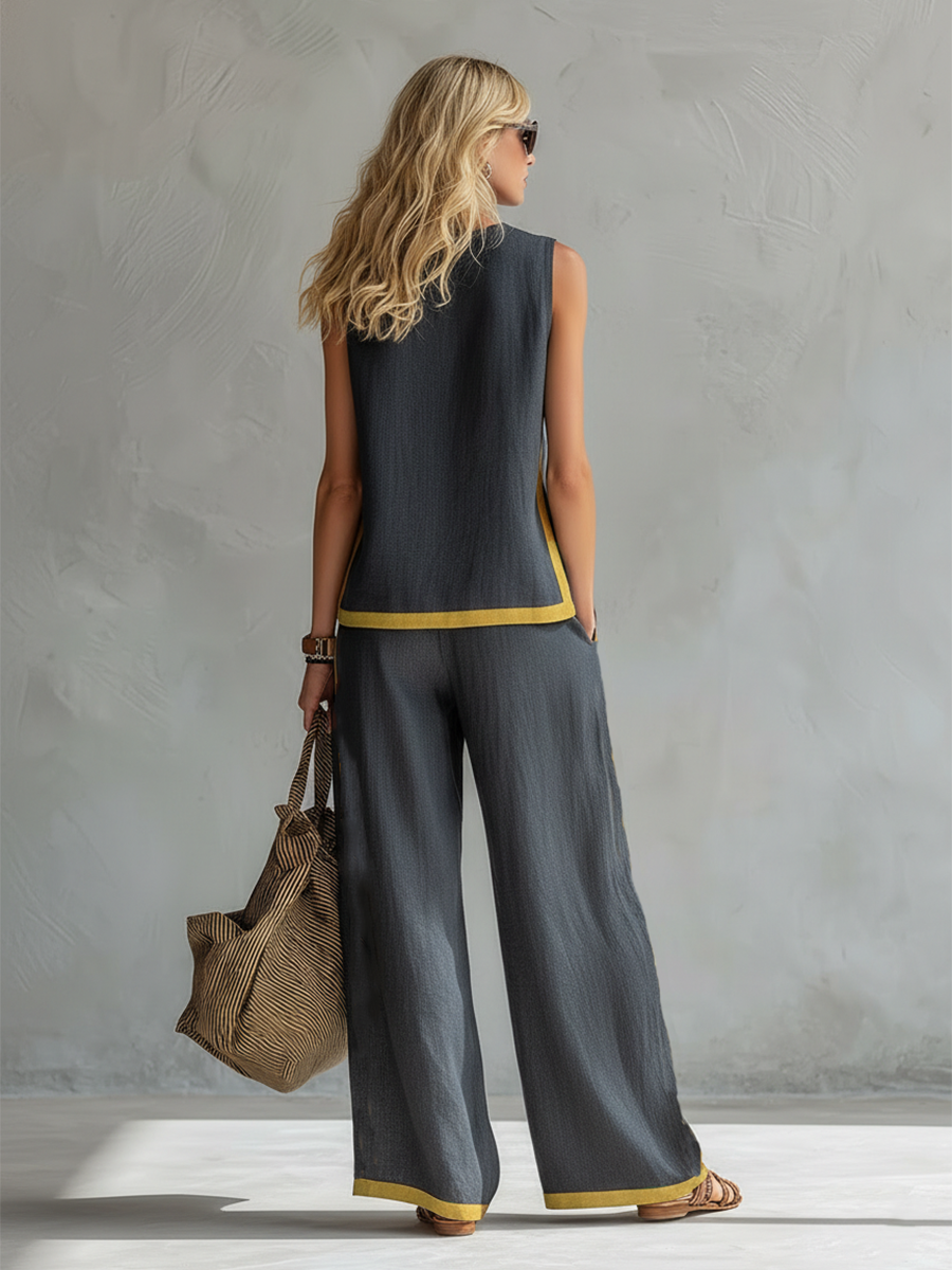 Leila | Complete vest and trousers in two-tone grey cotton-linen