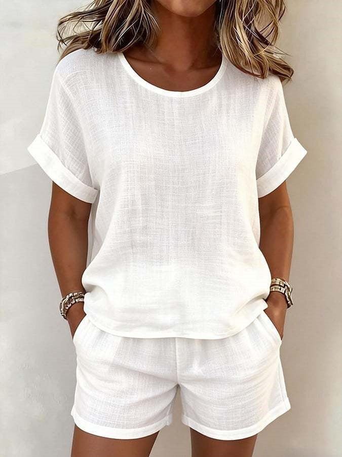 Ruby | Round-Neck Short Sleeve Top & Shorts Two-Piece Set
