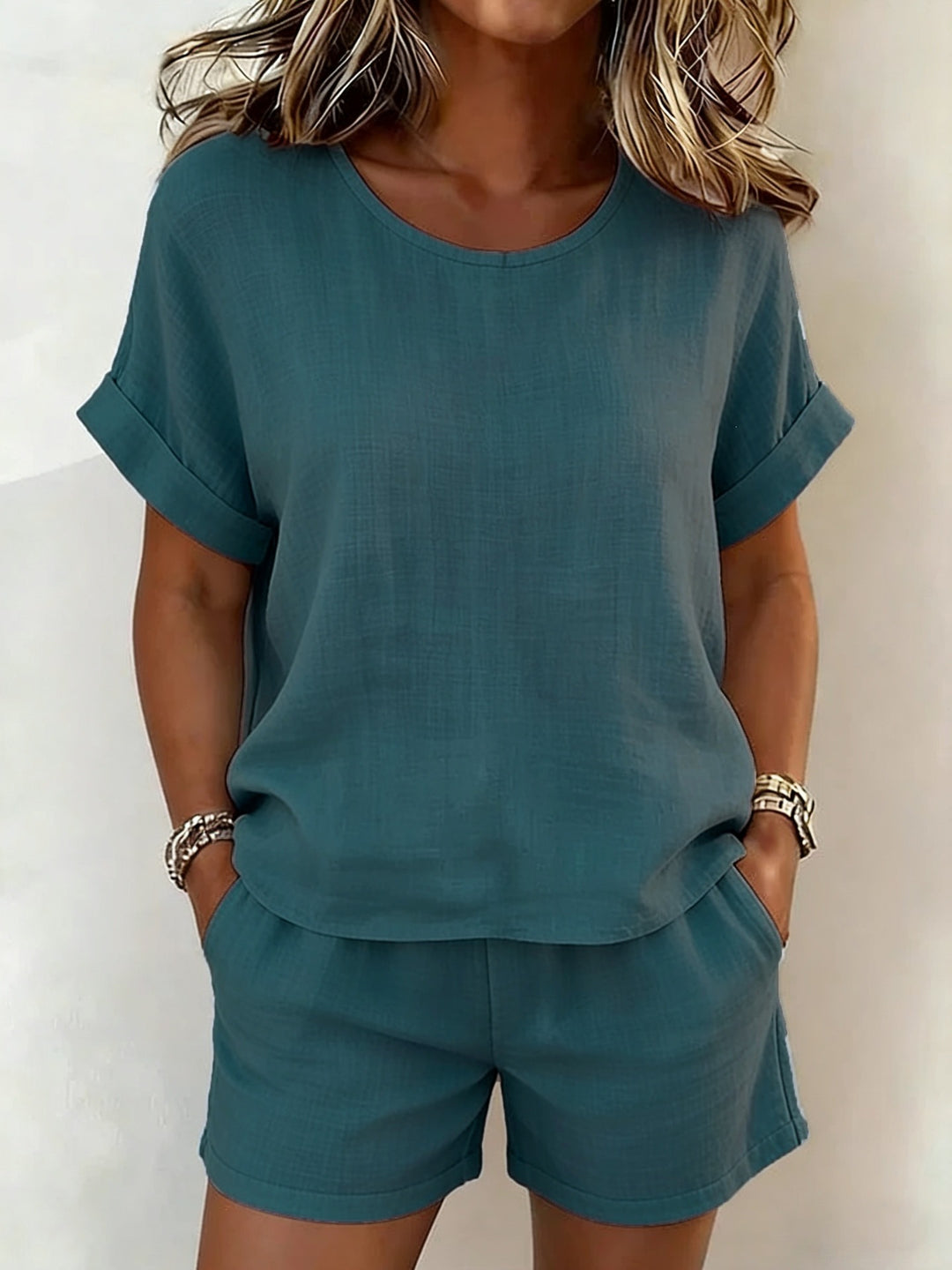 Ruby | Round-Neck Short Sleeve Top & Shorts Two-Piece Set