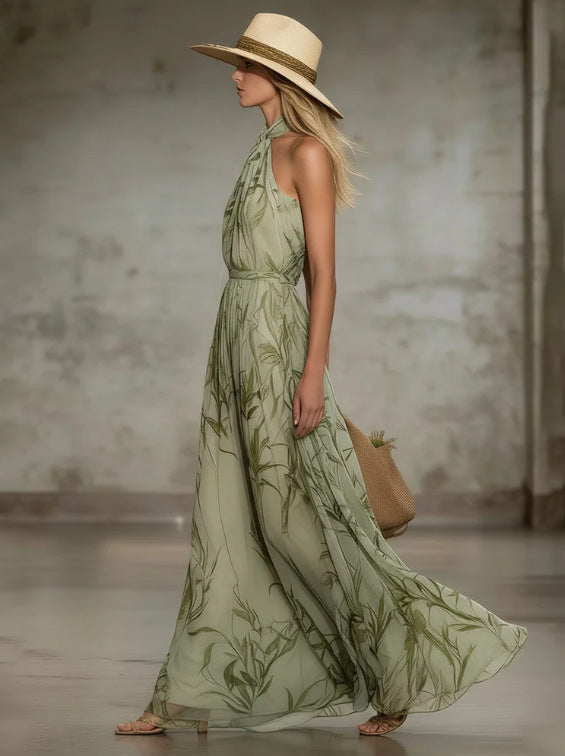 Brenda |  Print Halter Maxi Dress – Sleeveless Flowing Summer Dress