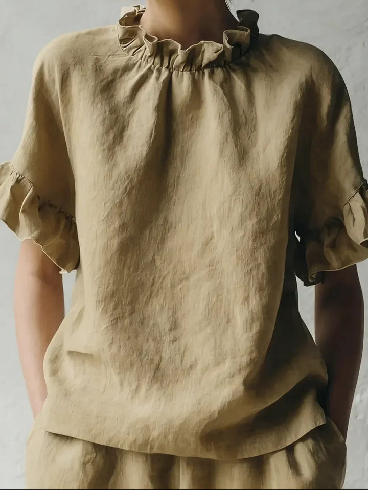Franzel | Women's Ruffle Neck Short Sleeve Shirt