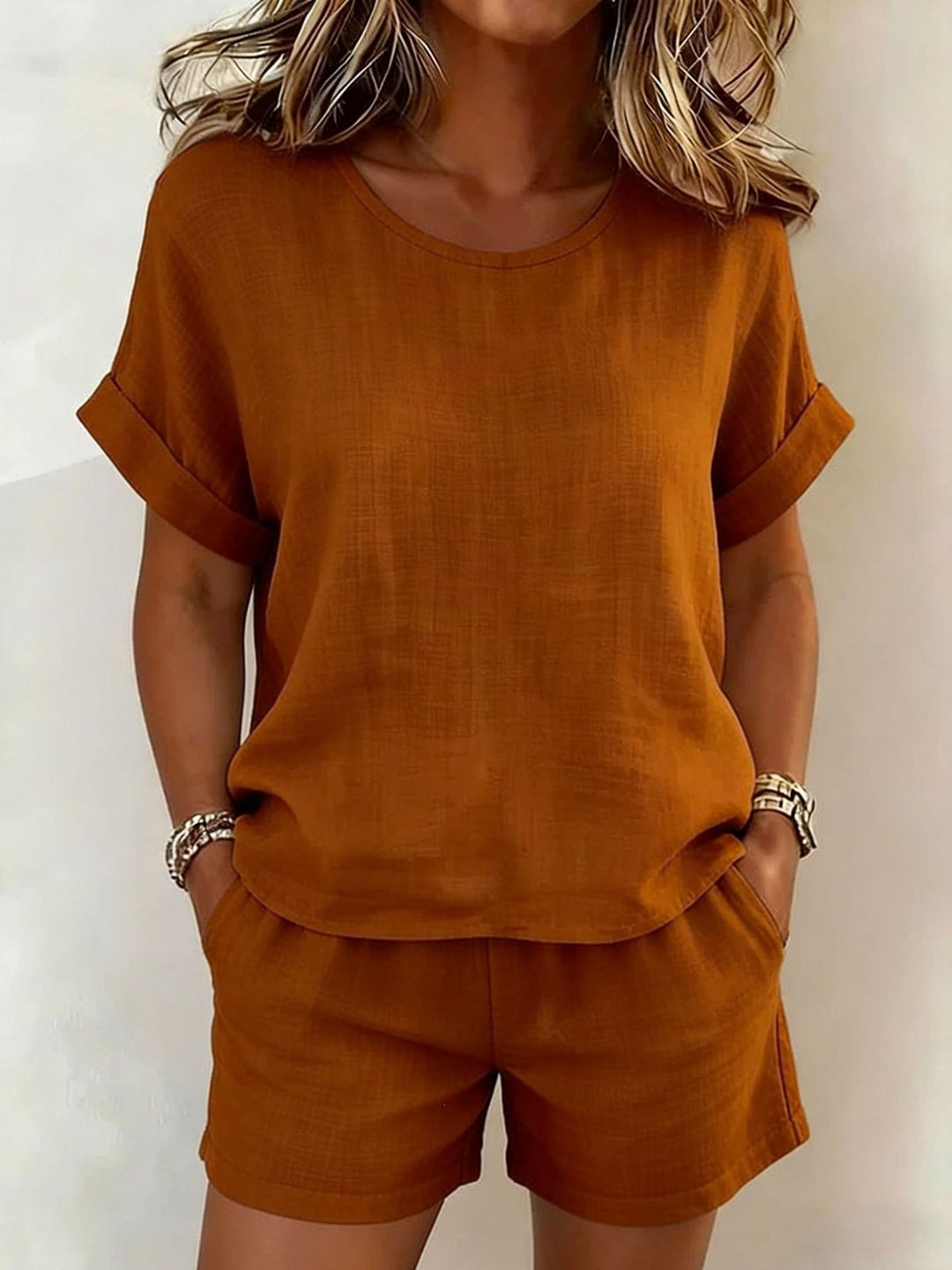 Ruby | Round-Neck Short Sleeve Top & Shorts Two-Piece Set