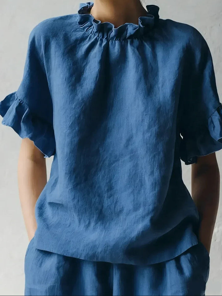 Franzel | Women's Ruffle Neck Short Sleeve Shirt