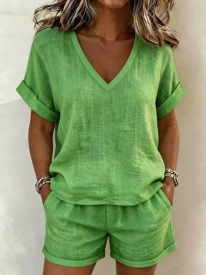 Lucy | V-Neck Short Sleeve Top & Shorts Two-Piece Set