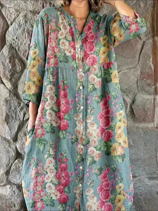 Women’s Retro Floral Cotton Shirt Dress with Pockets