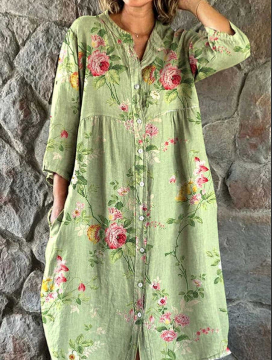 Women’s Retro Floral Cotton Shirt Dress with Pockets