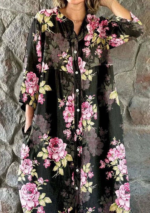 Women’s Retro Floral Cotton Shirt Dress with Pockets