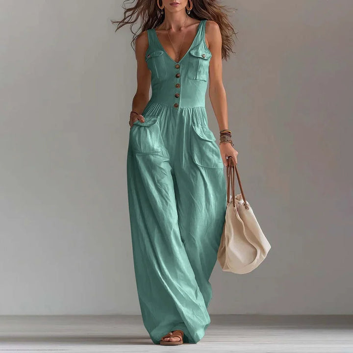 Beverly | Sophisticated Wide-Leg Button Trousers Jumpsuit