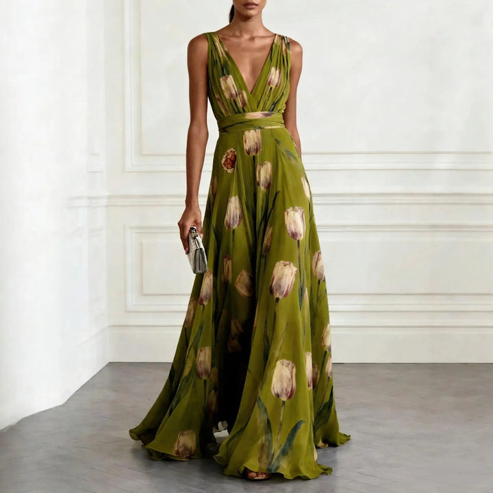 Grace | Elegant Tulip Print Chiffon Maxi Gown