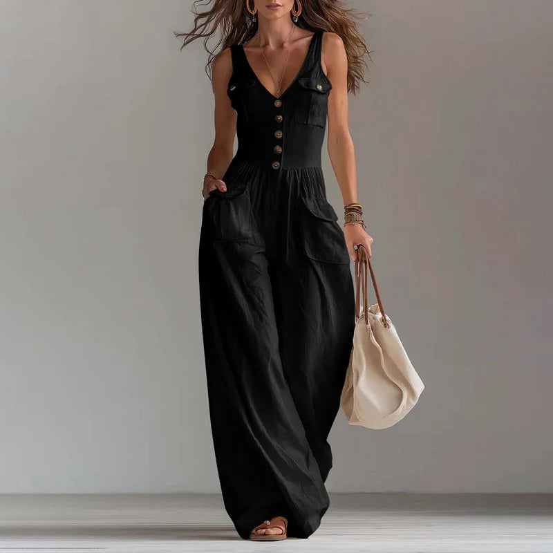 Beverly | Sophisticated Wide-Leg Button Trousers Jumpsuit