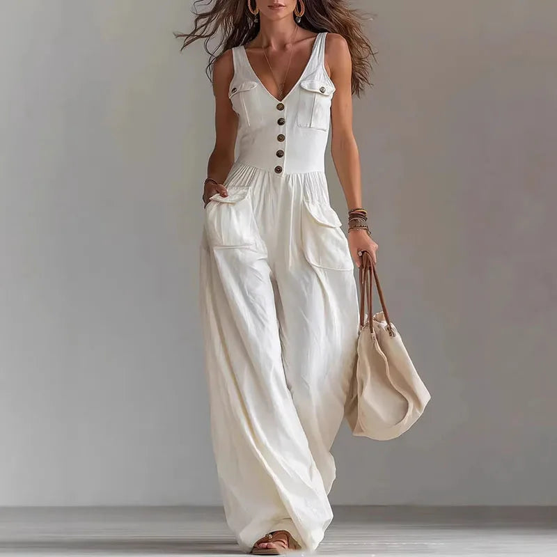 Beverly | Sophisticated Wide-Leg Button Trousers Jumpsuit