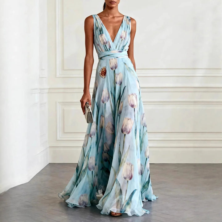 Grace | Elegant Tulip Print Chiffon Maxi Gown