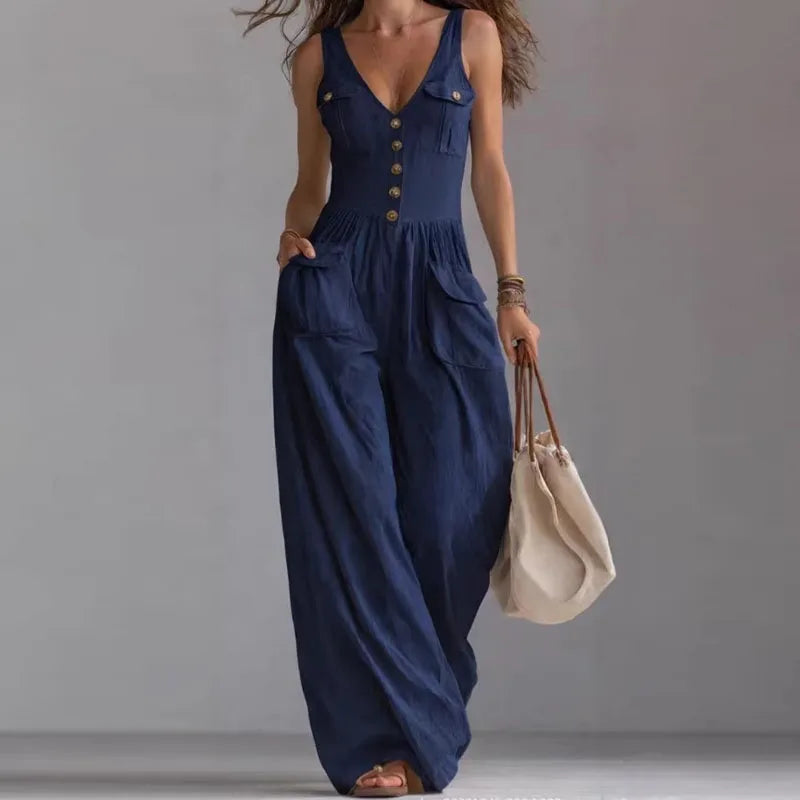 Beverly | Sophisticated Wide-Leg Button Trousers Jumpsuit