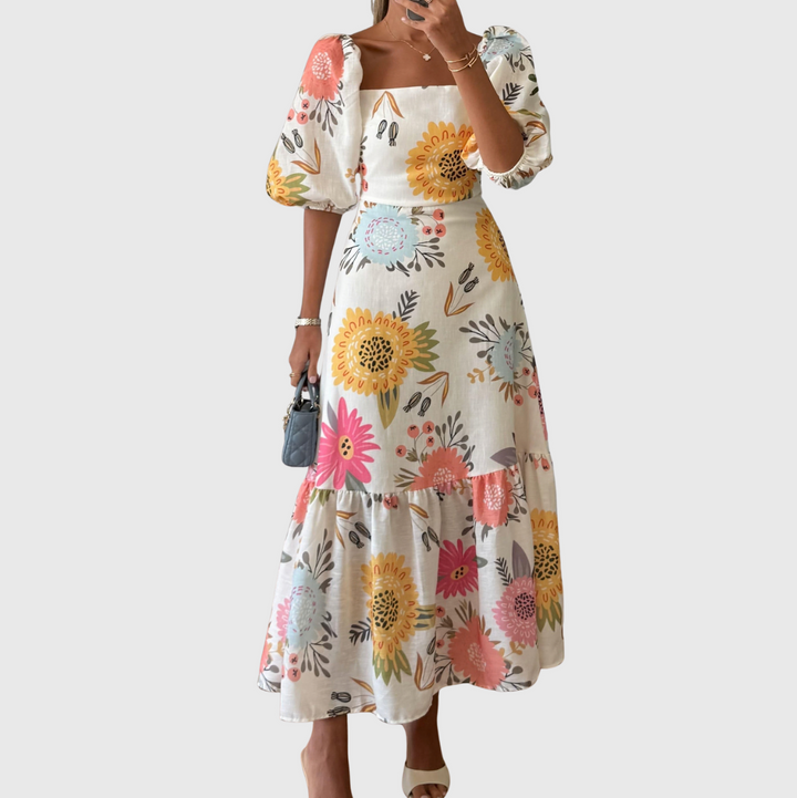 FAY – ROMANTIC FLORAL MIDI WITH PUFF SLEEVES