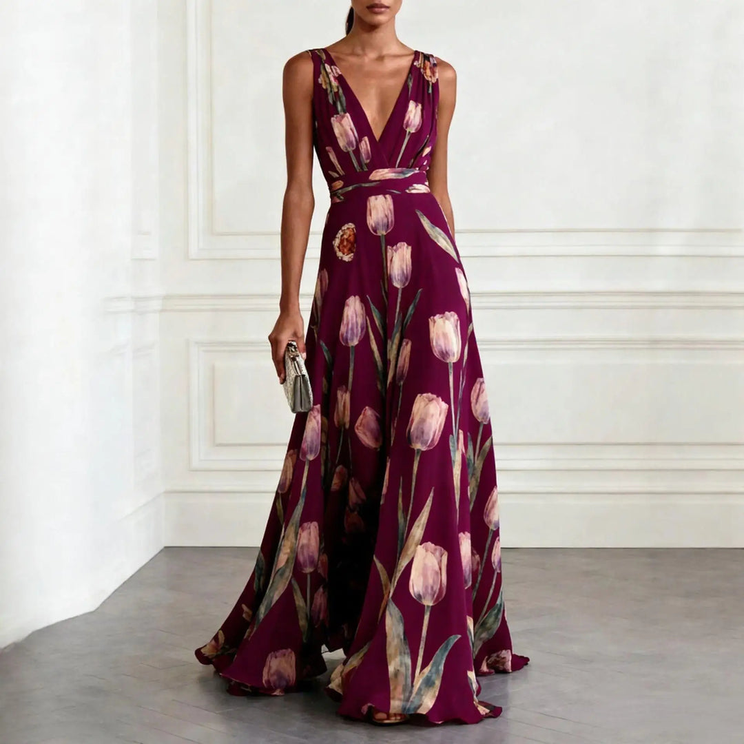 Grace | Elegant Tulip Print Chiffon Maxi Gown