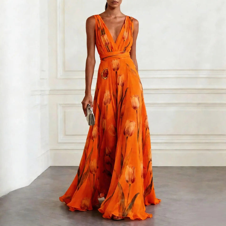 Grace | Elegant Tulip Print Chiffon Maxi Gown