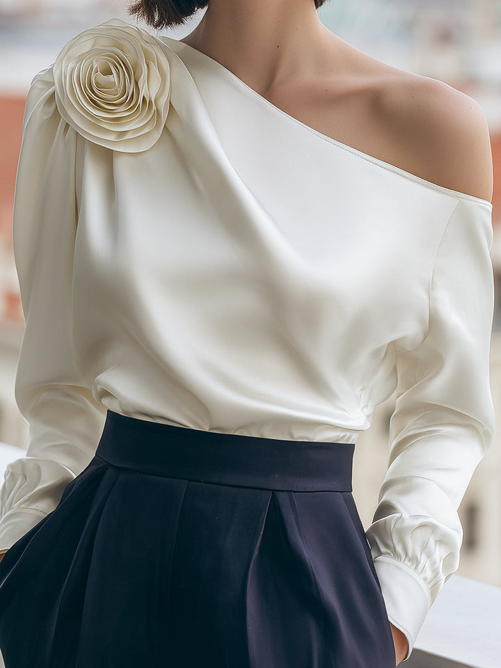 Luxury Satin One-Shoulder Top With 3D Floral Applique