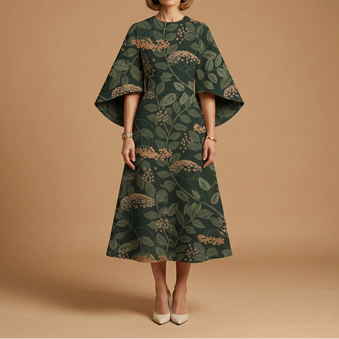 Evelyn | Architectural Cape-Sleeve Midi Dress