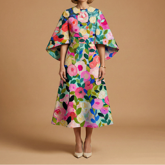 Evelyn | Architectural Cape-Sleeve Midi Dress