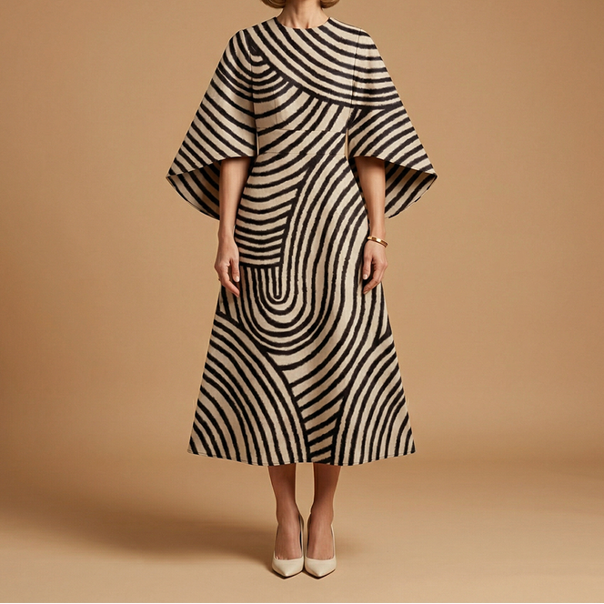 Evelyn | Architectural Cape-Sleeve Midi Dress