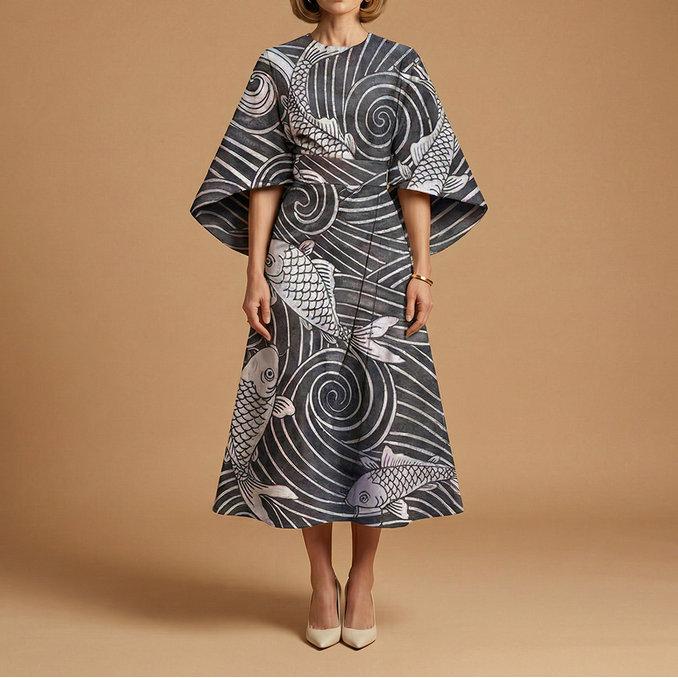 Evelyn | Architectural Cape-Sleeve Midi Dress