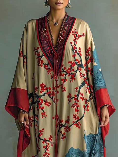 Jennie | Japanese Red Plum Blossom Maxi Dress with Batwing Sleeves and Print