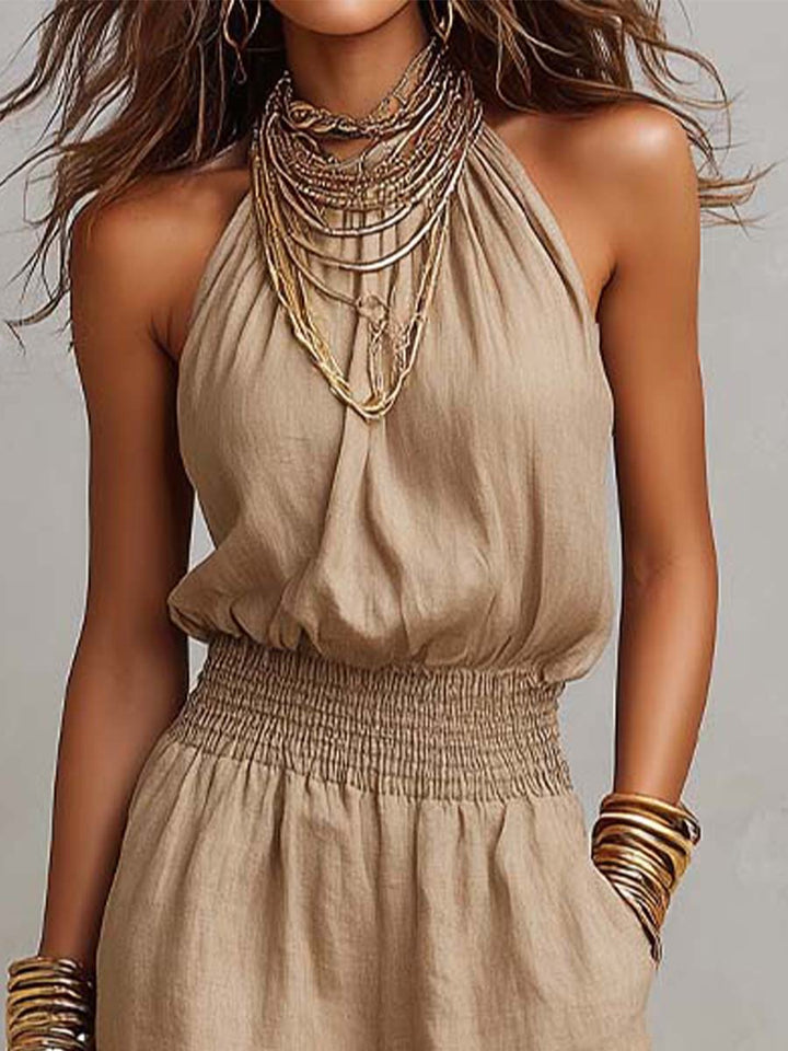 Victoria | Halter-Neck Smocked Wide-Leg Jumpsuit