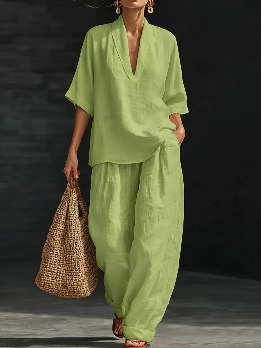 Dolores | Relaxed Henley Top and Wide-Leg Pants Co-Ord Set