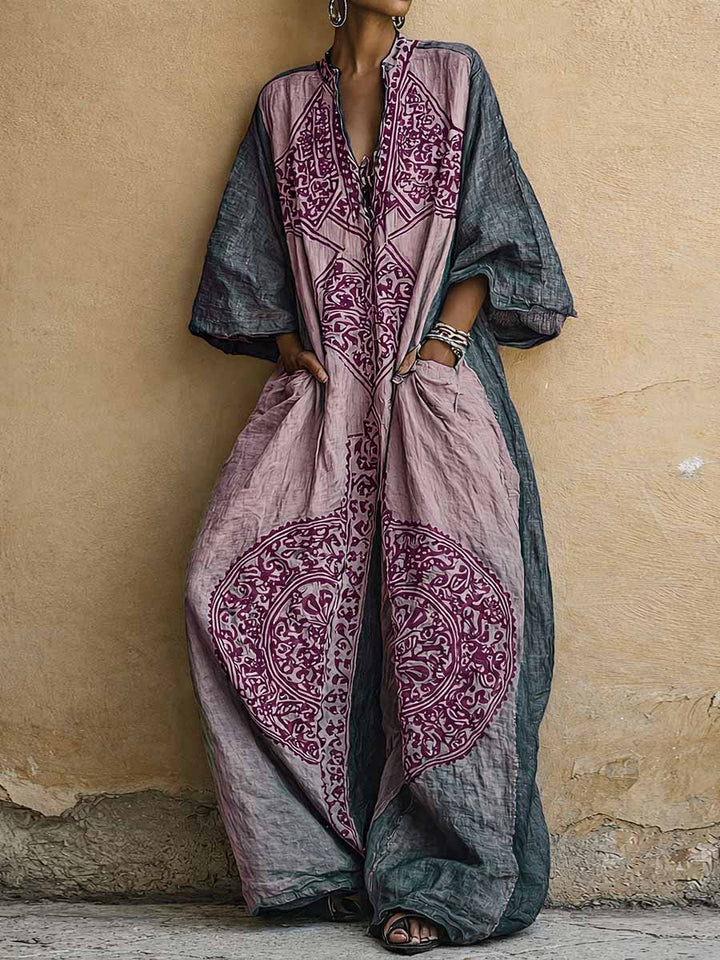 Millie | Women's Vintage Print V-neck 3/4-sleeve Cotton-linen Jumpsuit
