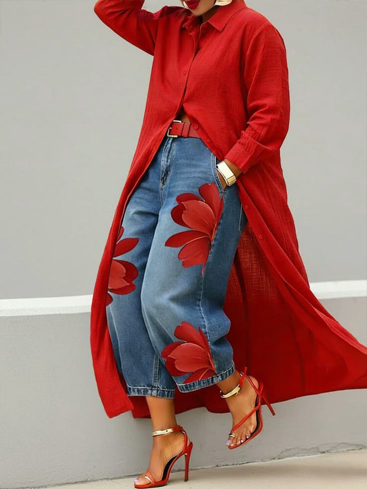 Claire | Long Shirt and Floral Jeans Set