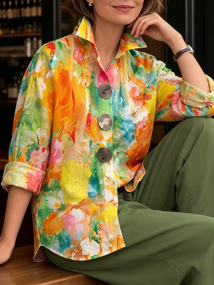 Amie | Artistic Watercolor Palette Print Metal-button Shirt