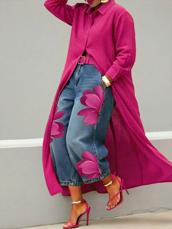 Claire | Long Shirt and Floral Jeans Set