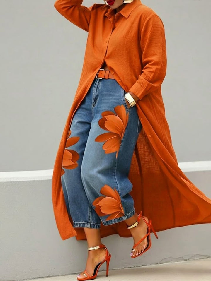 Claire | Long Shirt and Floral Jeans Set
