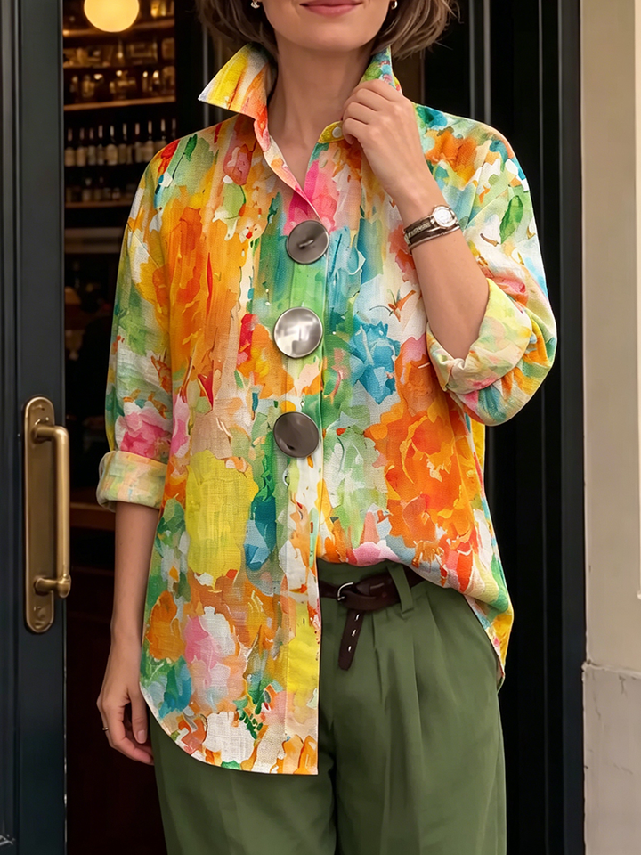 Amie | Artistic Watercolor Palette Print Metal-button Shirt