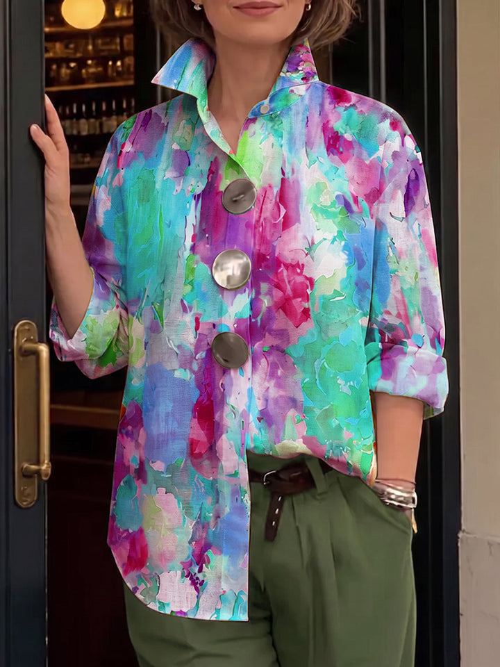 Amie | Artistic Watercolor Palette Print Metal-button Shirt