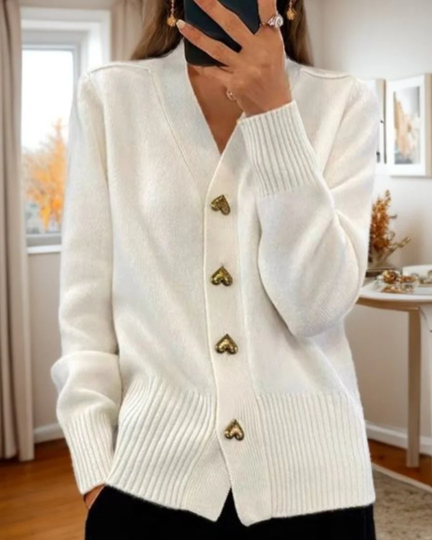 Clara | Knit Cardigan with V-Neck and Heart Button Front