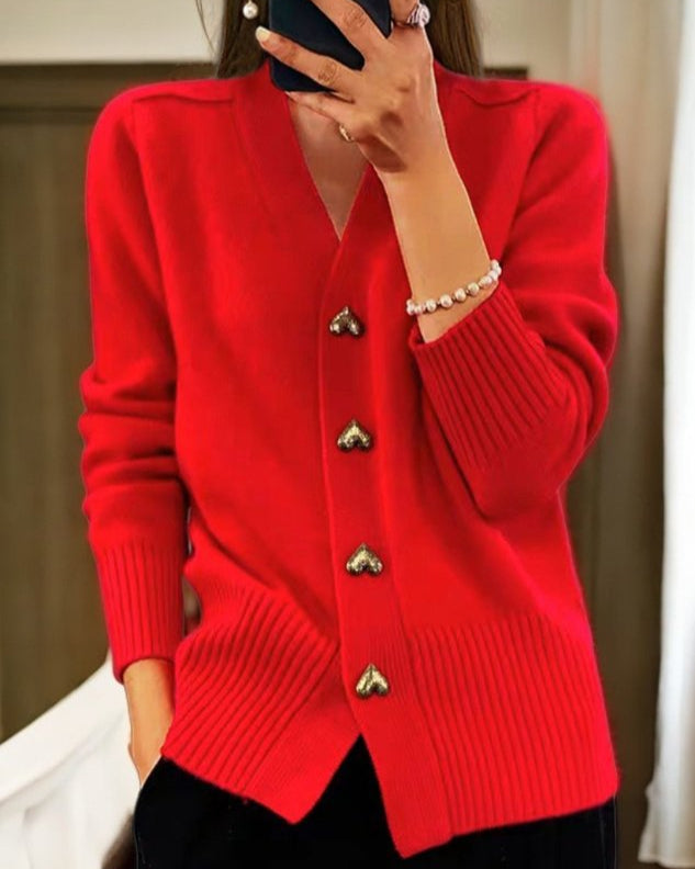 Clara | Knit Cardigan with V-Neck and Heart Button Front