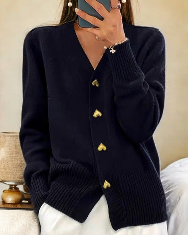 Clara | Knit Cardigan with V-Neck and Heart Button Front